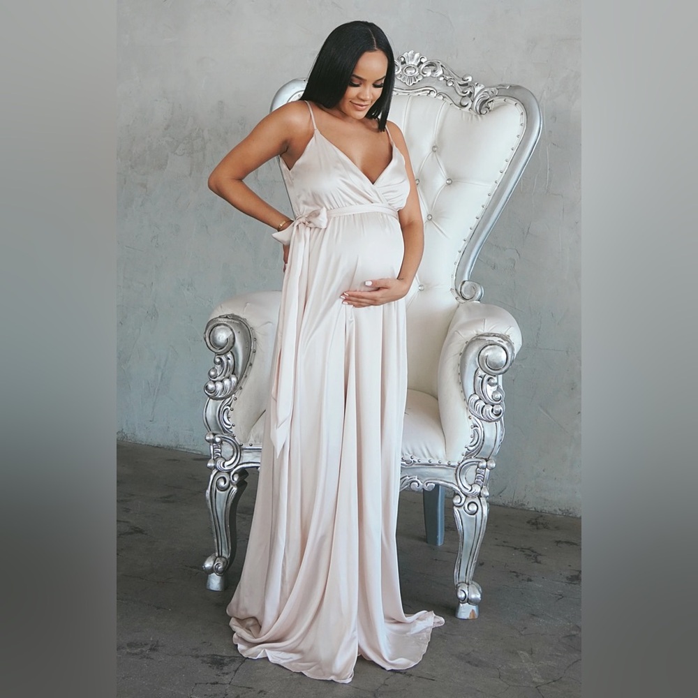 Chic Cream Maxi Maternity Satin Champagne Gown